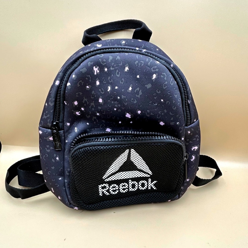 Reebok Mini Backpack Black Leopard Print Mesh Pocket Sporty Small Bag